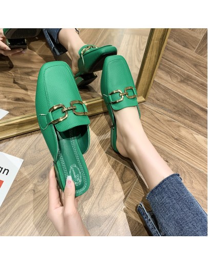 Spring Summer Women Mules Shoes  Slippers  Round Toe Bowknot Baotou Fisherman Slippers  Metal Buckle Low Heel