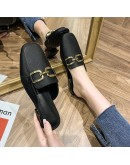 Spring Summer Women Mules Shoes  Slippers  Round Toe Bowknot Baotou Fisherman Slippers  Metal Buckle Low Heel