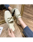 Spring Summer Women Mules Shoes  Slippers  Round Toe Bowknot Baotou Fisherman Slippers  Metal Buckle Low Heel