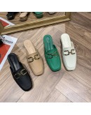 Spring Summer Women Mules Shoes  Slippers  Round Toe Bowknot Baotou Fisherman Slippers  Metal Buckle Low Heel