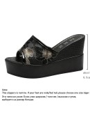 Summer Ladies Embroidered Slippers  Women Outdoor Open Toe Wedge High Heels  White Slippers Platform Slides 8.5cm Shoe