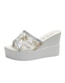 Summer Ladies Embroidered Slippers  Women Outdoor Open Toe Wedge High Heels  White Slippers Platform Slides 8.5cm Shoe