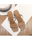 Summer Slippers Med Heels Party Mules Shoes Ladies  Women Slides  Shoes Female Concise PU Shoes  Ladies Slippers