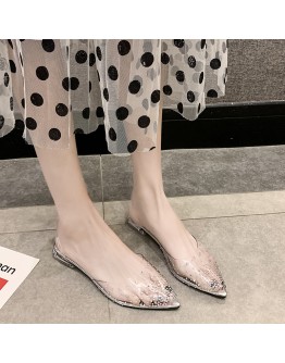 2023 PVC Jelly Crystal Sexy Slippers Thin Heels Women's Transparent Heels Sandals Flip Flops Low-heeled Pumps Silver Summer