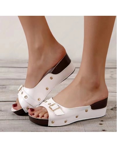  Rivet Platform Slippers Women Summer  Buckle Wedges Slides Woman Plus Size 36-43 Thick Sole Beach Shoes Sandals