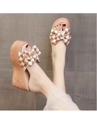  Women Slippers Sweet Bow Women Open Toes Summer Sexy Flower Shoes High Heel Slippers Ladies Slides Platform Wedges Shoe