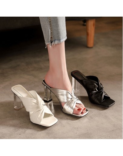  Summer Square Toe Women Slippers  Sexy High Crystal Heel Ladies Mules Elegant Female Outside Slides Sandal Shoes