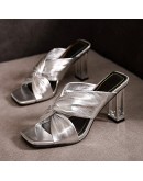  Summer Square Toe Women Slippers  Sexy High Crystal Heel Ladies Mules Elegant Female Outside Slides Sandal Shoes