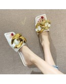 Square Toe Open-toe Sandals Slippers Women's 2023 Summer Metal Large Chain Flats-bottomed Split Leather Party  White