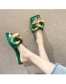 Square Toe Open-toe Sandals Slippers Women's 2023 Summer Metal Large Chain Flats-bottomed Split Leather Party  White