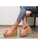 9cm Heels Summer Beach Platform Women Wedge Slippers Appliques Butterfly-knot Female Sandals Clog Shoes Slides Woman  PU