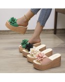 9cm Heels Summer Beach Platform Women Wedge Slippers Appliques Butterfly-knot Female Sandals Clog Shoes Slides Woman  PU