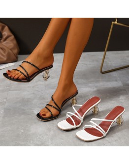 Women Summer  Sandals High Heel Outer Wear Slippers  SquareToe Flip Flops Thin Straps Crystal Heel Sandals Female Shoes