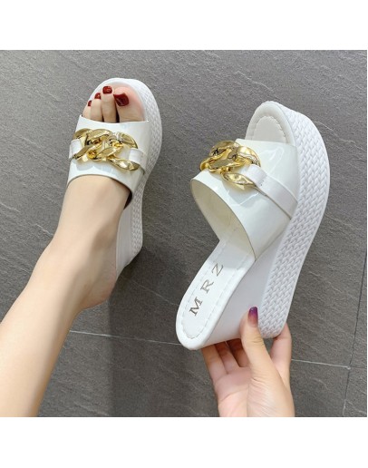 Platform Chain High Heels Slippers Women's Wedding Shoes Summer  Casual White Black Wedges Slides Ladies Beach Slippers