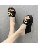 Platform Chain High Heels Slippers Women's Wedding Shoes Summer  Casual White Black Wedges Slides Ladies Beach Slippers