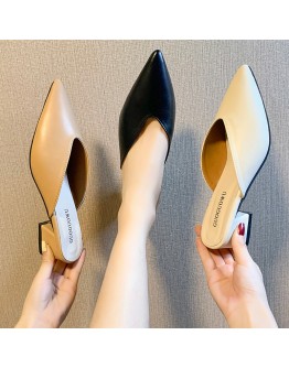 Summer  Women Pointed Toe Slipper White Square Low Heel Outsides Ladies Spring Slides   Beach Mules Shoe Black