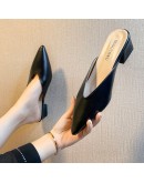 Summer  Women Pointed Toe Slipper White Square Low Heel Outsides Ladies Spring Slides   Beach Mules Shoe Black