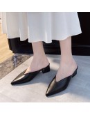 Summer  Women Pointed Toe Slipper White Square Low Heel Outsides Ladies Spring Slides   Beach Mules Shoe Black