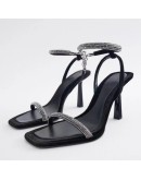 Summer Plus Size Shiny Crystal Party Shoes Women 2023  Designer High Heeled Sandals Woman Ankle Straps Black Sandals