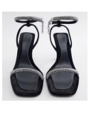 Summer Plus Size Shiny Crystal Party Shoes Women 2023  Designer High Heeled Sandals Woman Ankle Straps Black Sandals