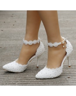 Wedding Shoes Bride White Wedding Shoes Female High Heels Ankle Strap Pumps Women's Shoes Rhinestone Lace High Heels Party Shoe