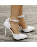 Wedding Shoes Bride White Wedding Shoes Female High Heels Ankle Strap Pumps Women's Shoes Rhinestone Lace High Heels Party Shoe