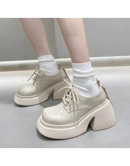 Chunky Heels Platform Pumps Women 2023 Spring Lace Up Thick Heels Oxford Shoes Woman Round Toe Patent Leather Shoes Flats