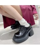 Chunky Heels Platform Pumps Women 2023 Spring Lace Up Thick Heels Oxford Shoes Woman Round Toe Patent Leather Shoes Flats