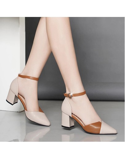 miaoguan Summer Women Pointed Thick Heel Cute Sweet Buckle Strap High Heel Pumps Ladies Casual Black Pu Leather High Heel Shoes