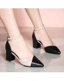 miaoguan Summer Women Pointed Thick Heel Cute Sweet Buckle Strap High Heel Pumps Ladies Casual Black Pu Leather High Heel Shoes