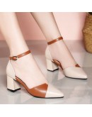 miaoguan Summer Women Pointed Thick Heel Cute Sweet Buckle Strap High Heel Pumps Ladies Casual Black Pu Leather High Heel Shoes