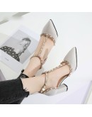 2023 Summer Footwear High Heels T Strap Rivet Pumps Chunky Heels Sandal Patent Leather Dress White Wedding Shoes Ladies 