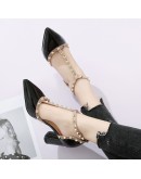 2023 Summer Footwear High Heels T Strap Rivet Pumps Chunky Heels Sandal Patent Leather Dress White Wedding Shoes Ladies 