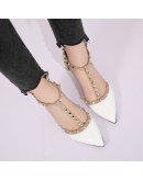 2023 Summer Footwear High Heels T Strap Rivet Pumps Chunky Heels Sandal Patent Leather Dress White Wedding Shoes Ladies 