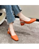 Orange  Design Slingbacks Pumps Women 2023 Autumn Square Toe High Heels Shoes Woman PU Leather Thick Heeled Shoes