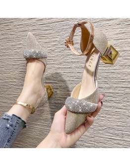 Bling Crystal High Heels Pumps Women Elegant Pearl Buckle Square Heels Wedding Party Shoes Ladies Pointed Toe Ankle Strap Pumps