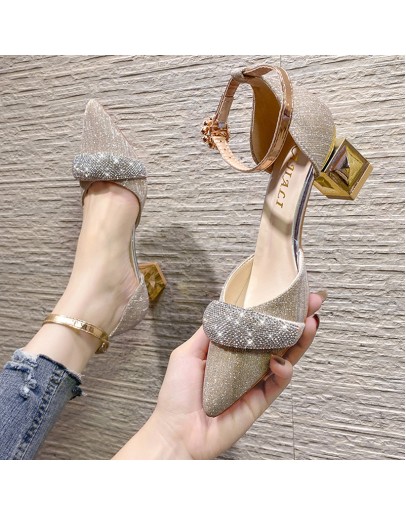 Bling Crystal High Heels Pumps Women Elegant Pearl Buckle Square Heels Wedding Party Shoes Ladies Pointed Toe Ankle Strap Pumps