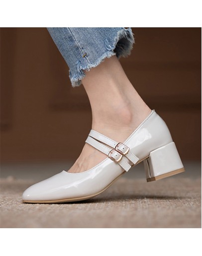 miaoguan  Plus Size Women Patent Leather Dress Shoes Three Buckle Shoes Female Wedding Shoes Bridal Heels Pumps Heels Women