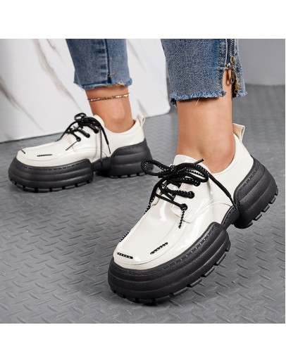 Patent Leather High Heels Pumps Women 2023 Spring White Thick Soled Platform Shoes Woman Casual Lace Up British Style Dad Shoes