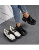 Patent Leather High Heels Pumps Women 2023 Spring White Thick Soled Platform Shoes Woman Casual Lace Up British Style Dad Shoes