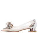 3cm  Low Heels with Rhinestone Bow Pointed Toe Transparent Pumps Ladies Dress Shoes for Women 41 42 43