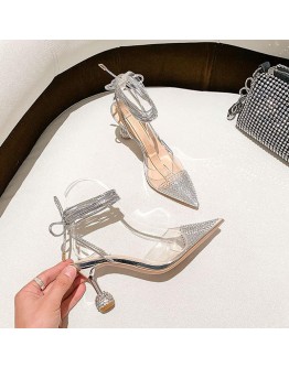 8cm  Sandals Transparent Pointed Toe Rhinestone High Heels Silver Women Shoes 38 39 40