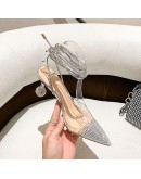 8cm  Sandals Transparent Pointed Toe Rhinestone High Heels Silver Women Shoes 38 39 40