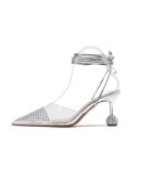 8cm  Sandals Transparent Pointed Toe Rhinestone High Heels Silver Women Shoes 38 39 40