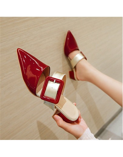 Women Sandals Mules Med Heels Patent Leather Pointed Toe Buckle Thick Heel  Sexy  Outside Casual Big Size34-48