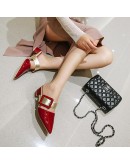 Women Sandals Mules Med Heels Patent Leather Pointed Toe Buckle Thick Heel  Sexy  Outside Casual Big Size34-48