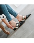 Women Sandals Mules Med Heels Patent Leather Pointed Toe Buckle Thick Heel  Sexy  Outside Casual Big Size34-48