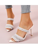 Slippers Women 2023  Mesh Thin Heels Ladies Shoes Pointed Outside Heeled Sandals Summer Sexy Women's Slides Pantuflas