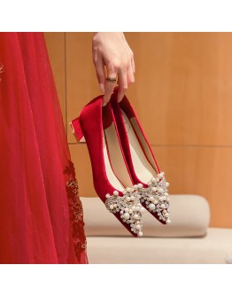 3cm  Thick Low Heels with Rhinestone Beaded Pointed Toe Pumps Red Wedding Shoes for Women 41 42 43