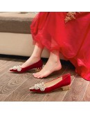 3cm  Thick Low Heels with Rhinestone Beaded Pointed Toe Pumps Red Wedding Shoes for Women 41 42 43